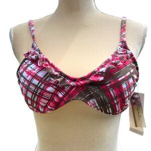 RAISINS Women's Ruffle Swim Bikini Top Size M‎ Plaid Pink, Brown, White